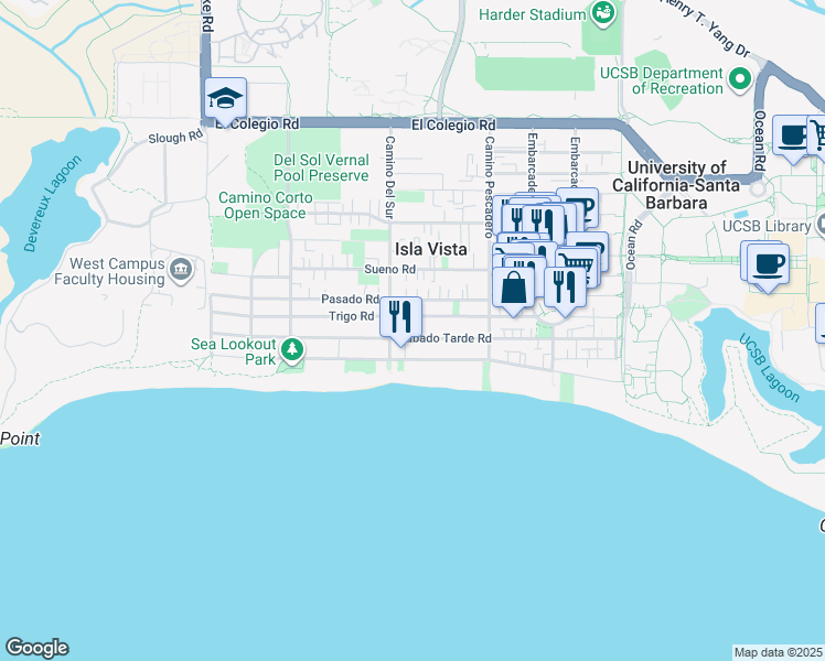 map of restaurants, bars, coffee shops, grocery stores, and more near 6686 Del Playa Drive in Goleta