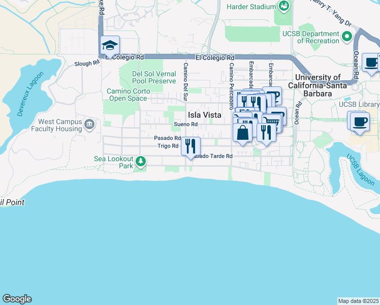 map of restaurants, bars, coffee shops, grocery stores, and more near 6686 Del Playa Drive in Goleta