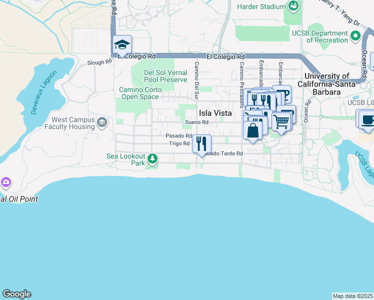 map of restaurants, bars, coffee shops, grocery stores, and more near 6728 Del Playa Drive in Goleta