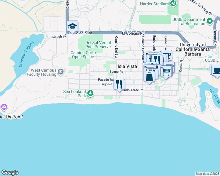 map of restaurants, bars, coffee shops, grocery stores, and more near 6728 Del Playa Drive in Goleta