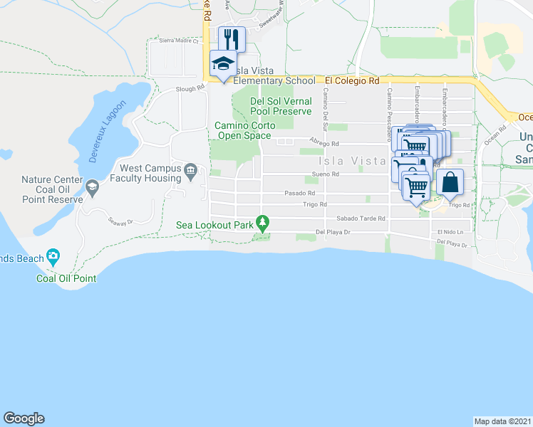 map of restaurants, bars, coffee shops, grocery stores, and more near 6800 Del Playa Drive in Goleta