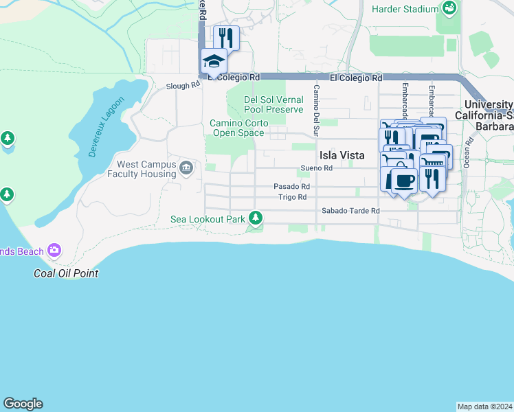map of restaurants, bars, coffee shops, grocery stores, and more near 6800 Del Playa Drive in Goleta