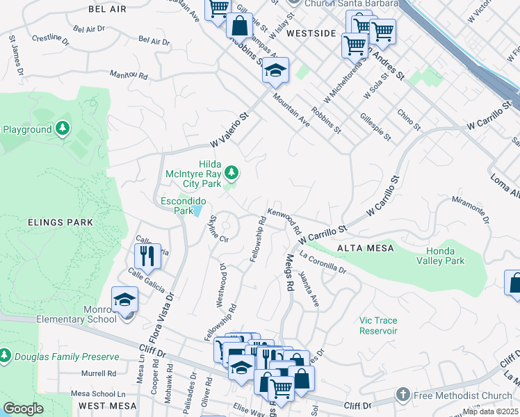 map of restaurants, bars, coffee shops, grocery stores, and more near 1336 Kenwood Road in Santa Barbara