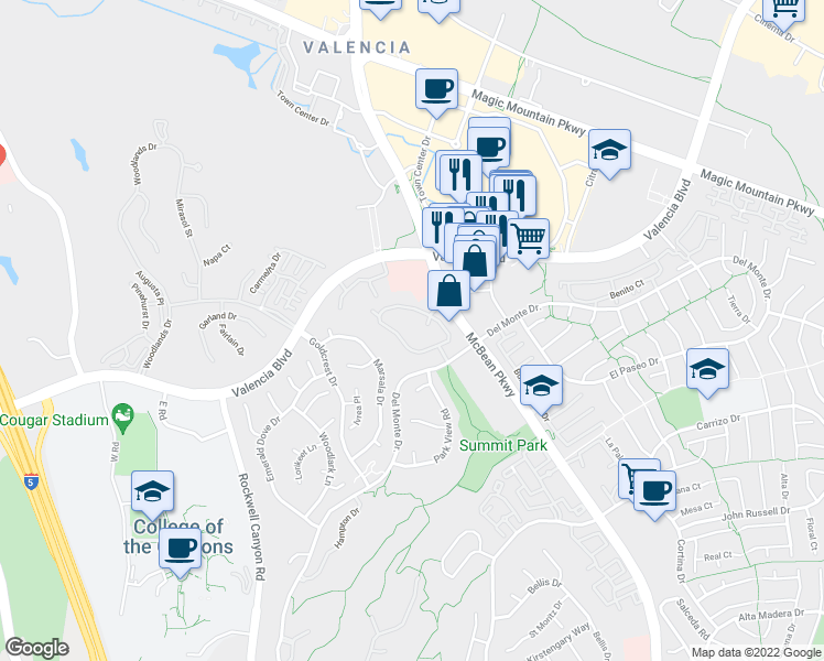 map of restaurants, bars, coffee shops, grocery stores, and more near 24155 Del Monte Drive in Santa Clarita