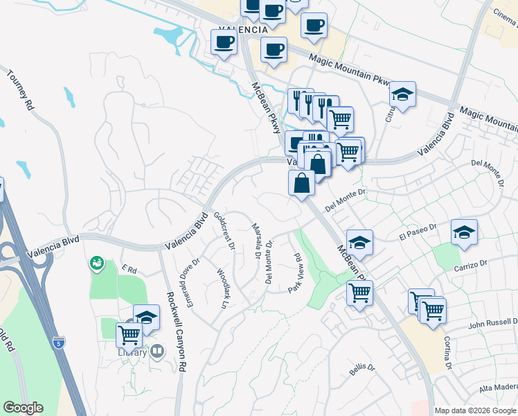 map of restaurants, bars, coffee shops, grocery stores, and more near 24137 Del Monte Drive in Santa Clarita