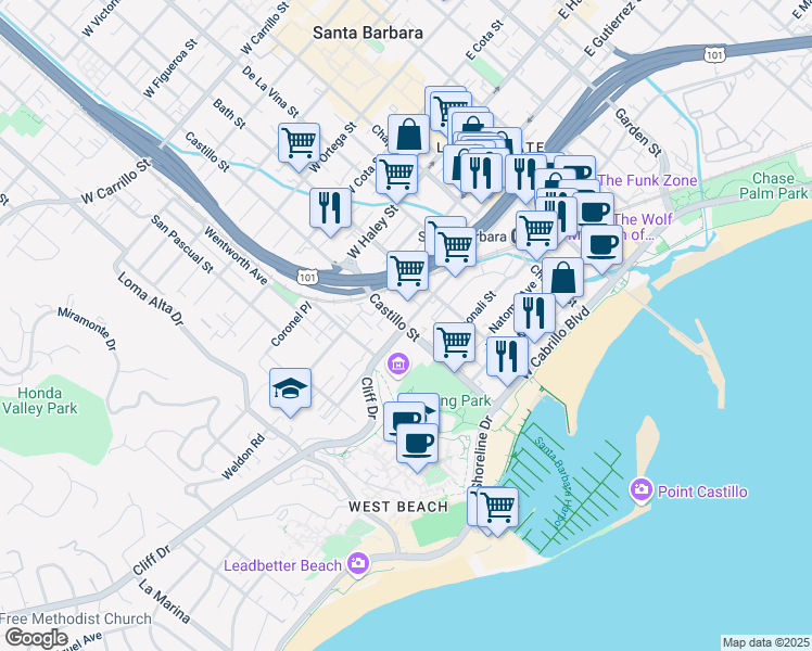 map of restaurants, bars, coffee shops, grocery stores, and more near Castillo St & W Montecito St in Santa Barbara