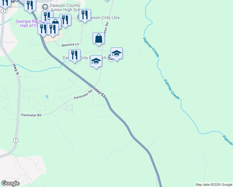 map of restaurants, bars, coffee shops, grocery stores, and more near 55 Virgil Lemley Lane in Dawsonville