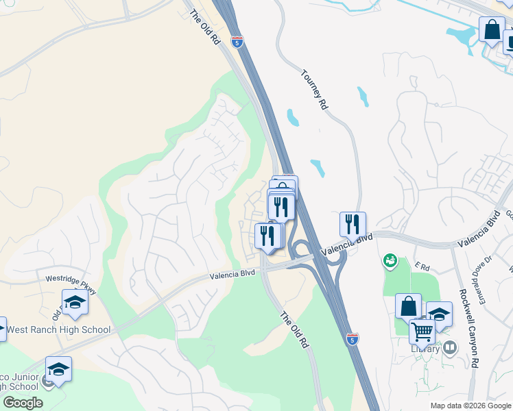 map of restaurants, bars, coffee shops, grocery stores, and more near 25343 Silver Aspen Way in Stevenson Ranch