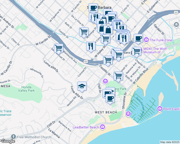 map of restaurants, bars, coffee shops, grocery stores, and more near 430 Rancheria Street in Santa Barbara