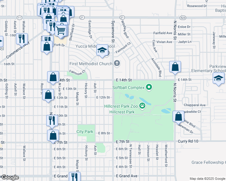 map of restaurants, bars, coffee shops, grocery stores, and more near 1200 Sycamore Street in Clovis