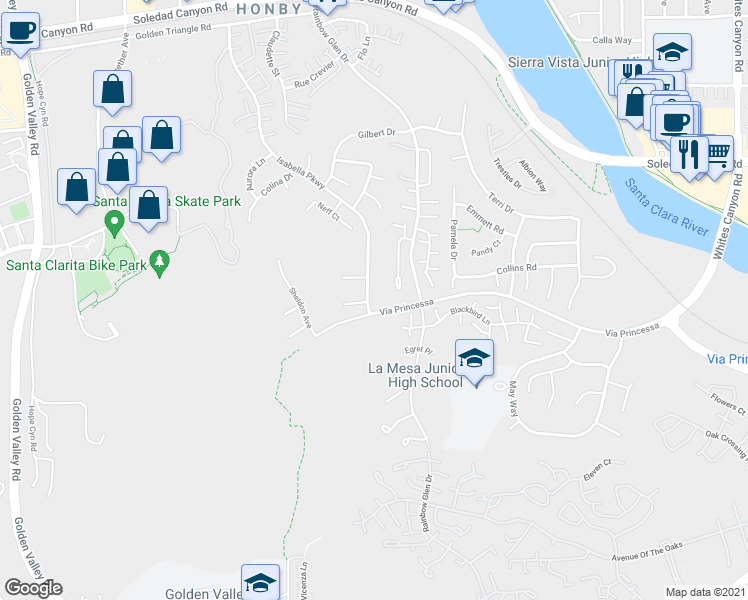 map of restaurants, bars, coffee shops, grocery stores, and more near 26506 Isabella Parkway in Santa Clarita
