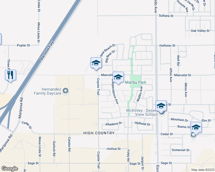 map of restaurants, bars, coffee shops, grocery stores, and more near 12987 Clovis Court in Hesperia