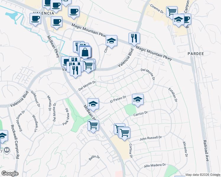 map of restaurants, bars, coffee shops, grocery stores, and more near 23815 Vía Turina in Santa Clarita