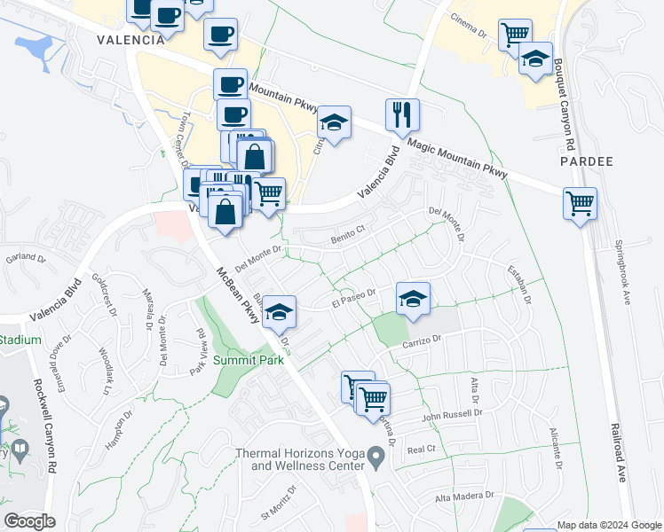 map of restaurants, bars, coffee shops, grocery stores, and more near 23815 Vía Turina in Santa Clarita