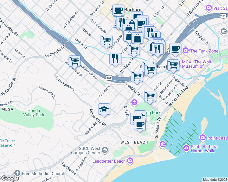 map of restaurants, bars, coffee shops, grocery stores, and more near 430 Rancheria Street in Santa Barbara
