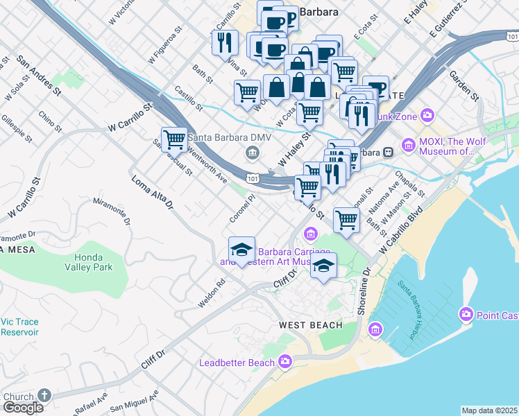 map of restaurants, bars, coffee shops, grocery stores, and more near 508 Coronel Place in Santa Barbara
