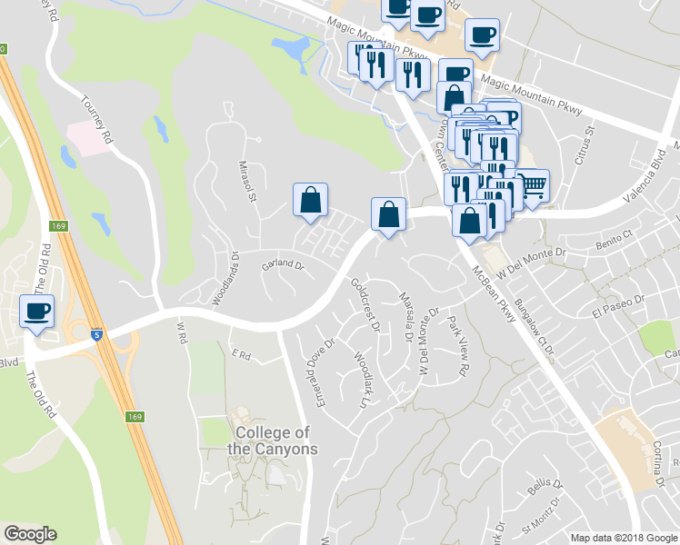map of restaurants, bars, coffee shops, grocery stores, and more near 24489 Valencia Boulevard in Santa Clarita