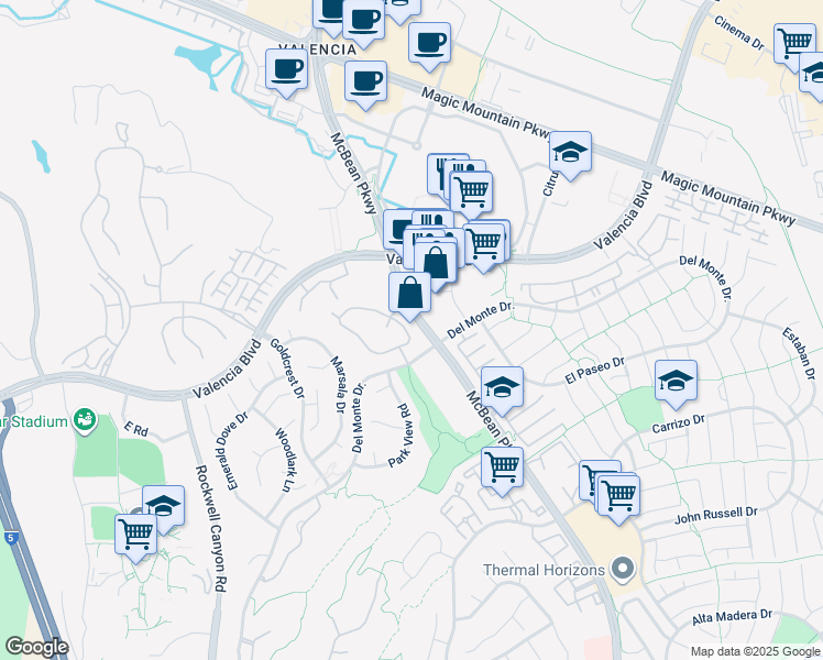 map of restaurants, bars, coffee shops, grocery stores, and more near 24218 Valencia Boulevard in Santa Clarita