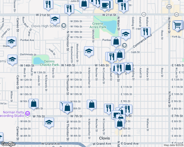 map of restaurants, bars, coffee shops, grocery stores, and more near 1312 North Merriwether Street in Clovis