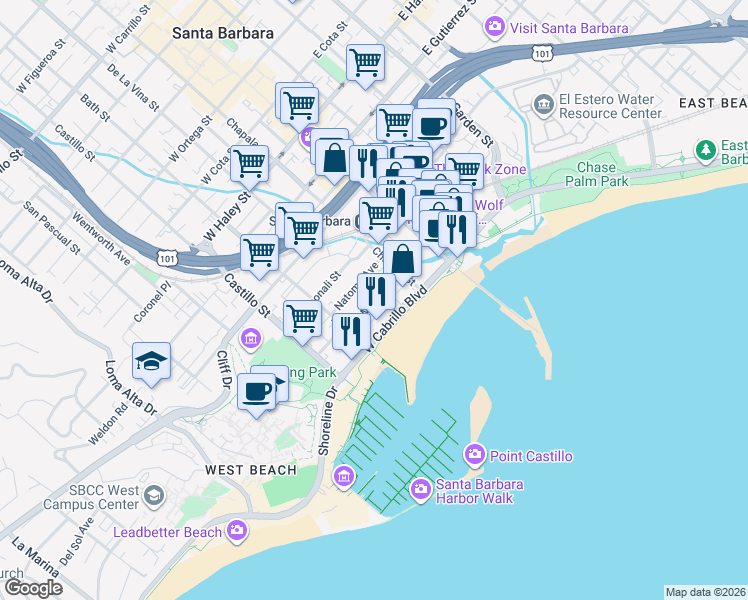 map of restaurants, bars, coffee shops, grocery stores, and more near West Mason Street in Santa Barbara