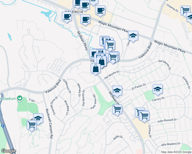 map of restaurants, bars, coffee shops, grocery stores, and more near 24105 West Del Monte Drive in Santa Clarita