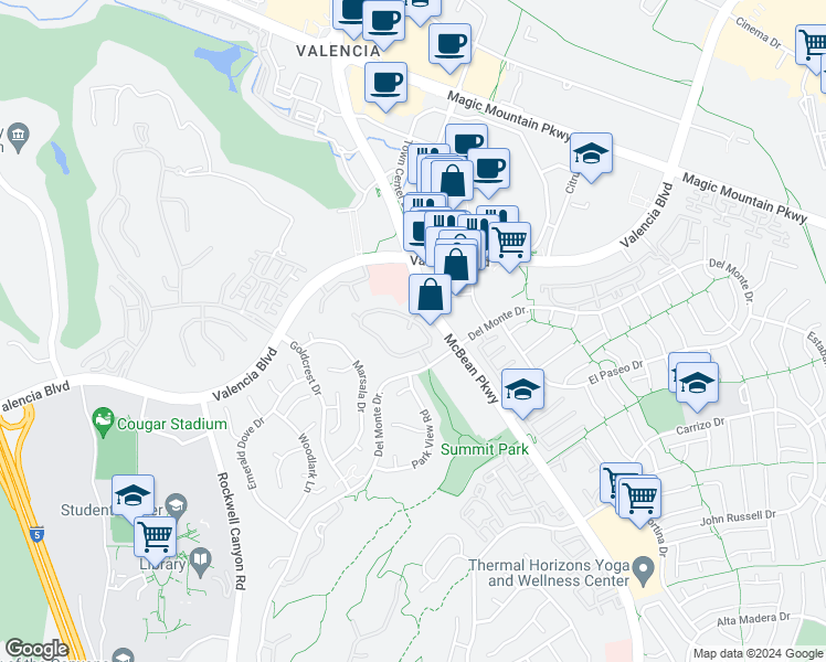 map of restaurants, bars, coffee shops, grocery stores, and more near 24111 Del Monte Drive in Santa Clarita
