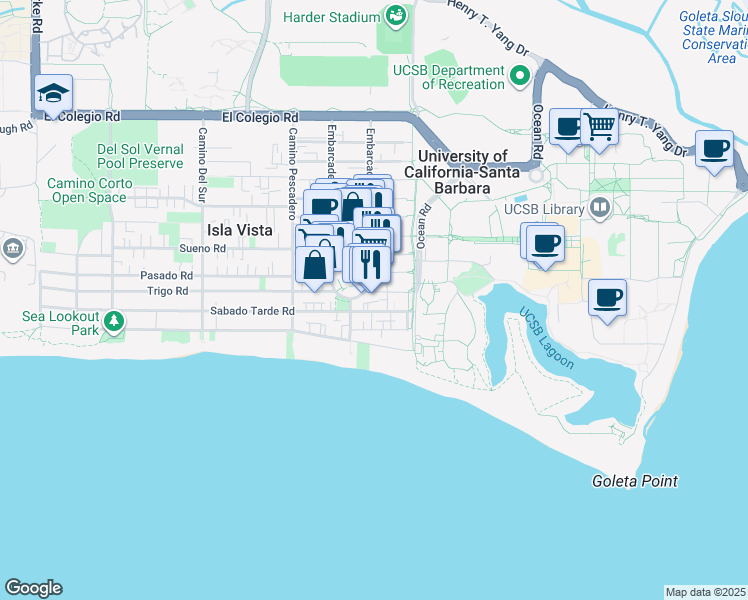map of restaurants, bars, coffee shops, grocery stores, and more near 6533 Trigo Road in Goleta