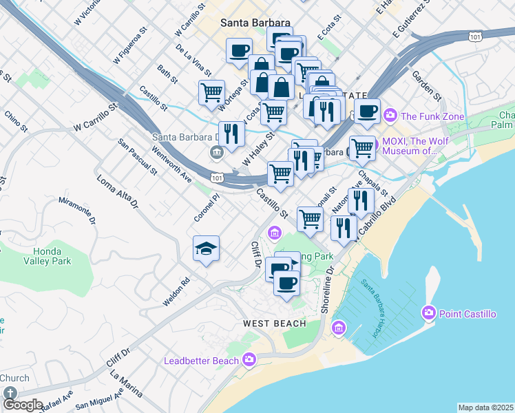 map of restaurants, bars, coffee shops, grocery stores, and more near 415 West Gutierrez Street in Santa Barbara