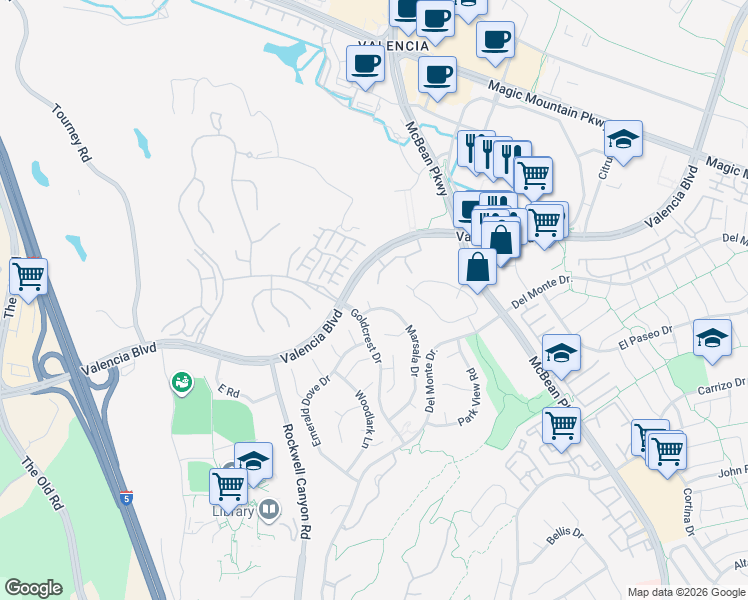 map of restaurants, bars, coffee shops, grocery stores, and more near 26506 Strambino Court in Santa Clarita