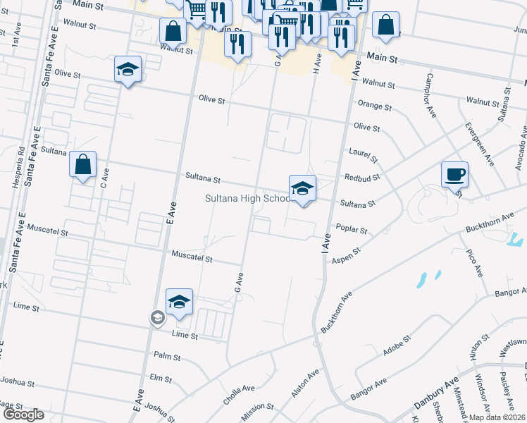 map of restaurants, bars, coffee shops, grocery stores, and more near 17311 Sultana Street in Hesperia