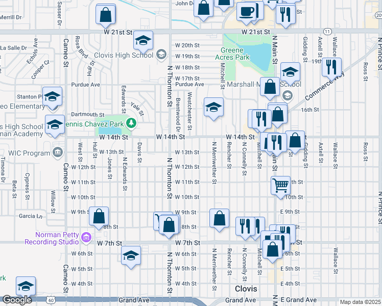 map of restaurants, bars, coffee shops, grocery stores, and more near 615 West 13th Street in Clovis
