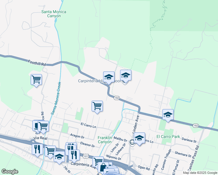 map of restaurants, bars, coffee shops, grocery stores, and more near 5366 Foothill Road in Carpinteria