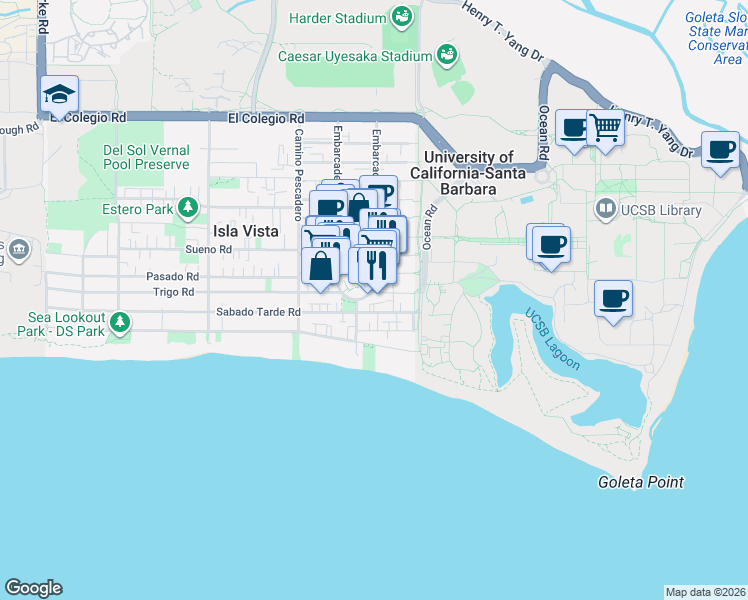 map of restaurants, bars, coffee shops, grocery stores, and more near 6539 Trigo Rd in Isla Vista