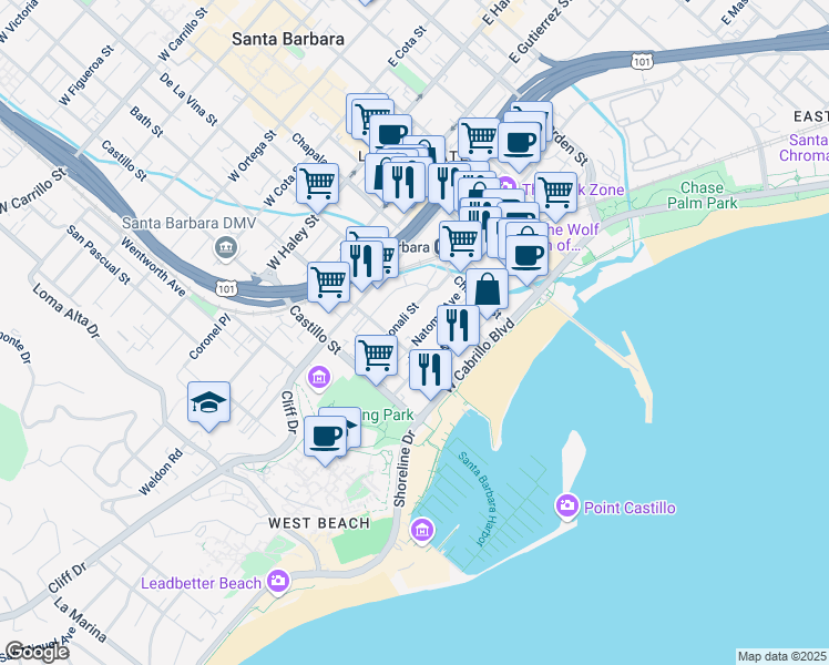 map of restaurants, bars, coffee shops, grocery stores, and more near 218 Natoma Avenue in Santa Barbara