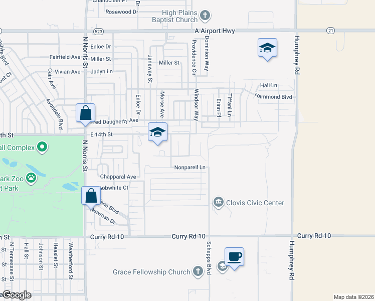 map of restaurants, bars, coffee shops, grocery stores, and more near 1600 Windsor Way in Clovis