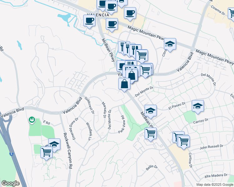 map of restaurants, bars, coffee shops, grocery stores, and more near 24119 Del Monte Drive in Santa Clarita