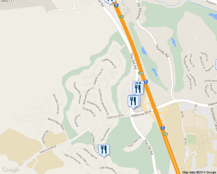 map of restaurants, bars, coffee shops, grocery stores, and more near 27029 Fairway Lane in Los Angeles County