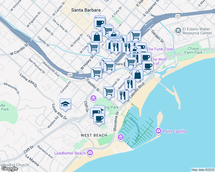 map of restaurants, bars, coffee shops, grocery stores, and more near 231 Los Aguajes Avenue in Santa Barbara
