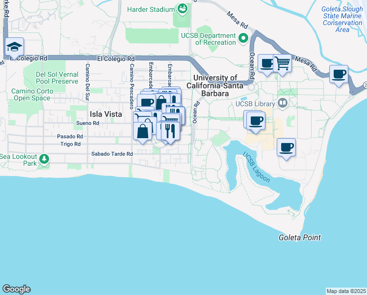 map of restaurants, bars, coffee shops, grocery stores, and more near 6519 Seville Road in Goleta