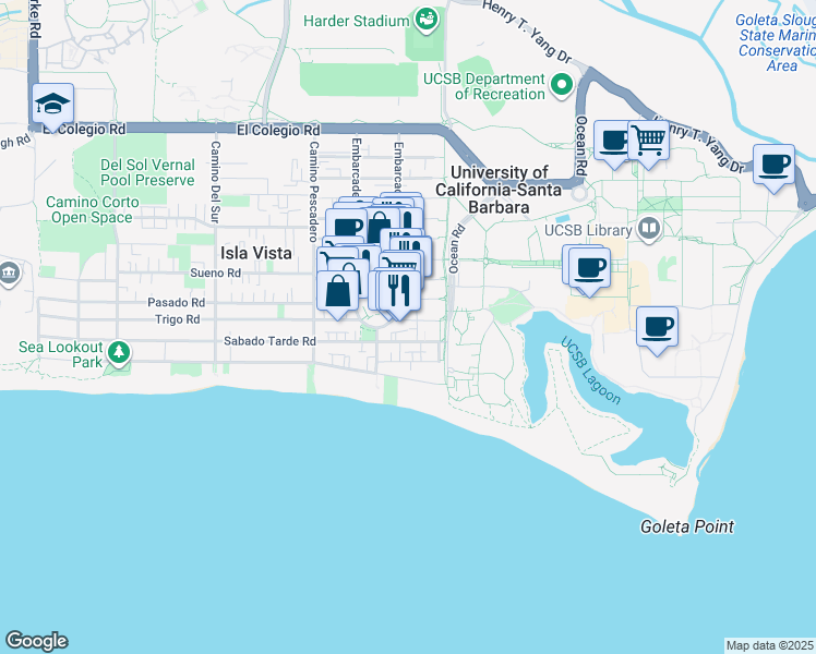 map of restaurants, bars, coffee shops, grocery stores, and more near 6519 Seville Road in Goleta