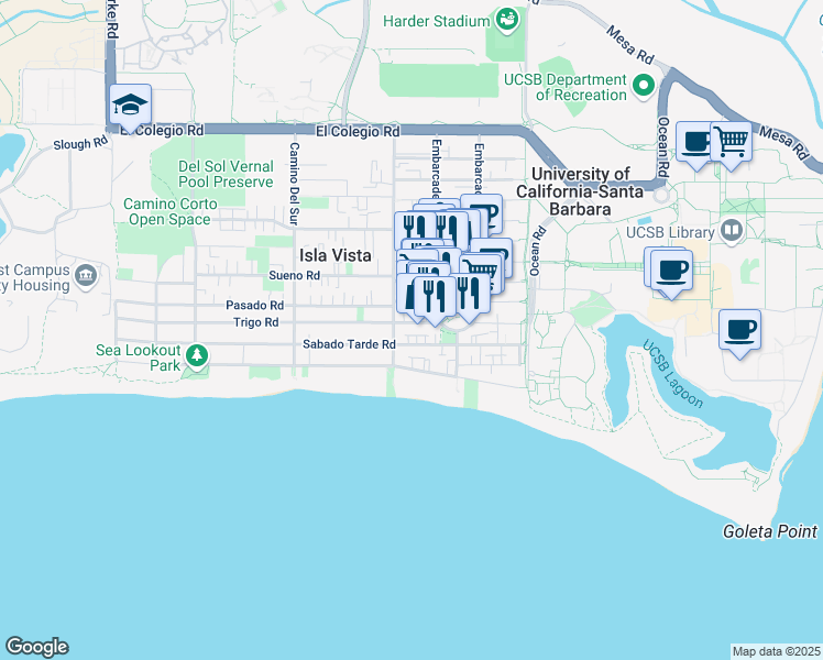 map of restaurants, bars, coffee shops, grocery stores, and more near 961 Embarcadero del Mar in Goleta