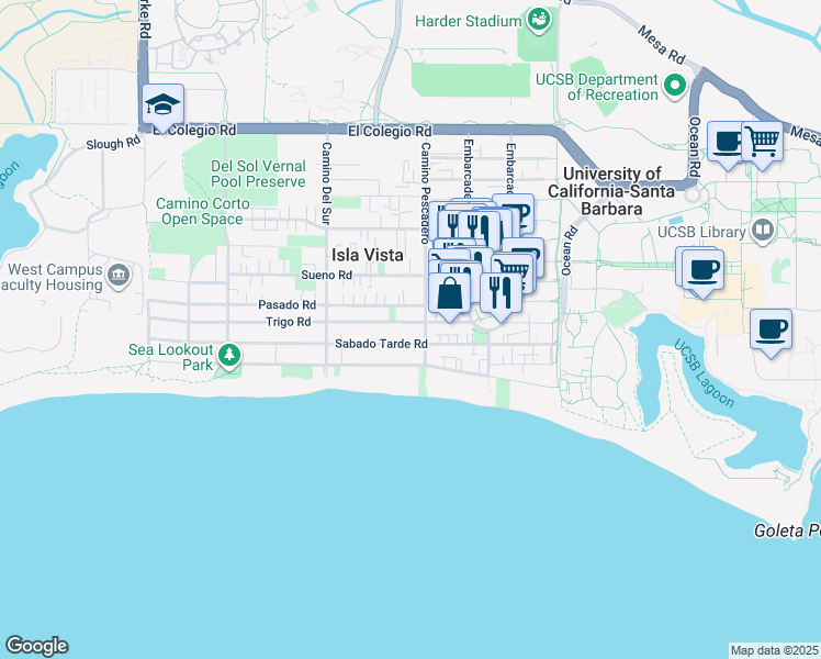 map of restaurants, bars, coffee shops, grocery stores, and more near 6604 Trigo Road in Isla Vista