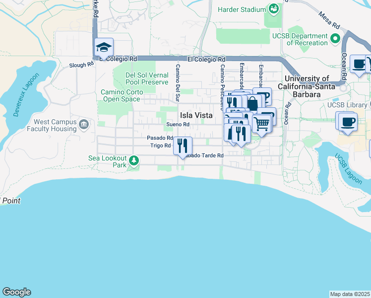 map of restaurants, bars, coffee shops, grocery stores, and more near 6689 Pasado Road in Isla Vista