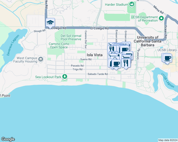 map of restaurants, bars, coffee shops, grocery stores, and more near 6689 Pasado Road in Isla Vista