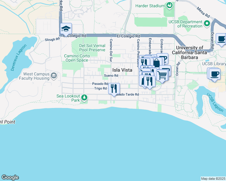 map of restaurants, bars, coffee shops, grocery stores, and more near 6689 Pasado Road in Isla Vista