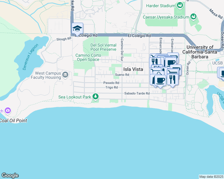 map of restaurants, bars, coffee shops, grocery stores, and more near 6720 Trigo Road in Isla Vista