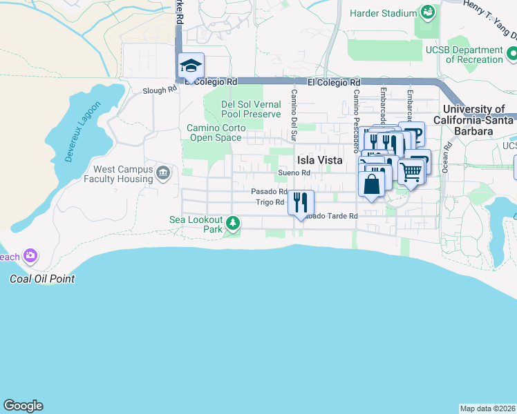 map of restaurants, bars, coffee shops, grocery stores, and more near 6760 Trigo Road in Goleta