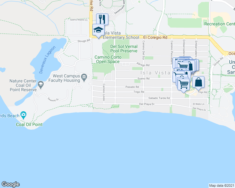 map of restaurants, bars, coffee shops, grocery stores, and more near 956A Camino Corto in Isla Vista