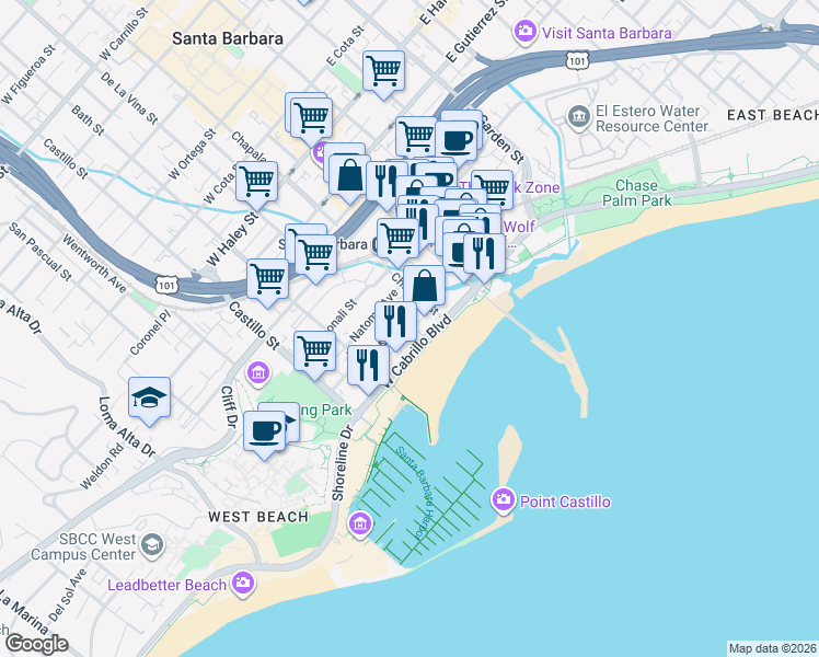 map of restaurants, bars, coffee shops, grocery stores, and more near 125 West Mason Street in Santa Barbara