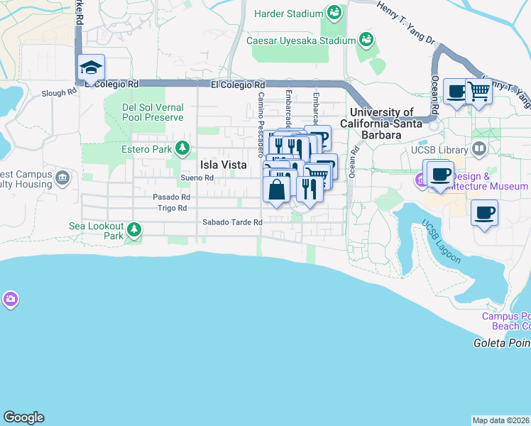 map of restaurants, bars, coffee shops, grocery stores, and more near 6604 Trigo Road in Isla Vista